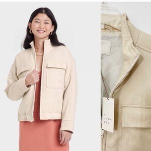 NWT A New Day Women's Jacket Ivory Bomber with Large Pockets & Padded Front